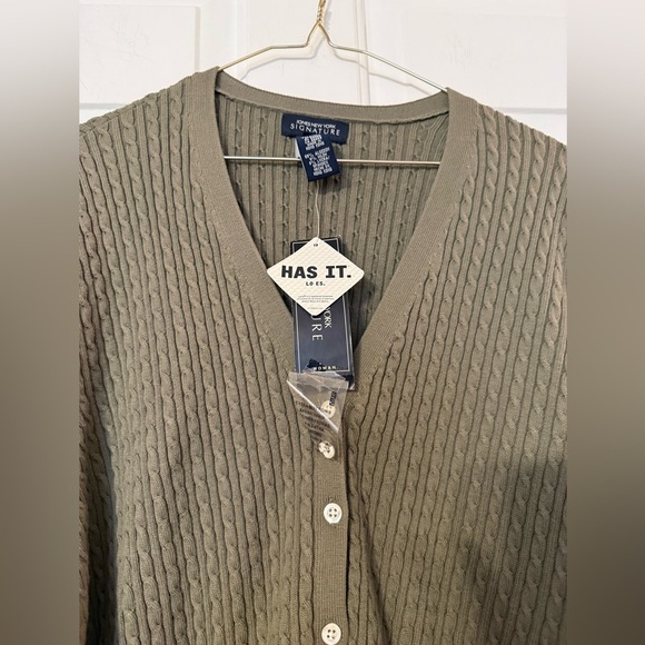Jones NY Signature Moss Green Cable Knit Cardigan 3X NWT V Neck Buttons Stretch - Picture 2 of 7